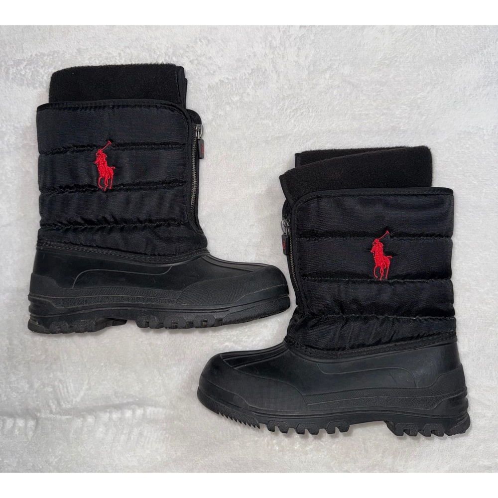 Polo Ralph Lauren Vancouver Zip Kids Snow Boots Black Red Pony Size 2 95670